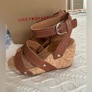 Lucky Brand Brown Leather Wedge Valintina Sandals Women’s Size 9.5